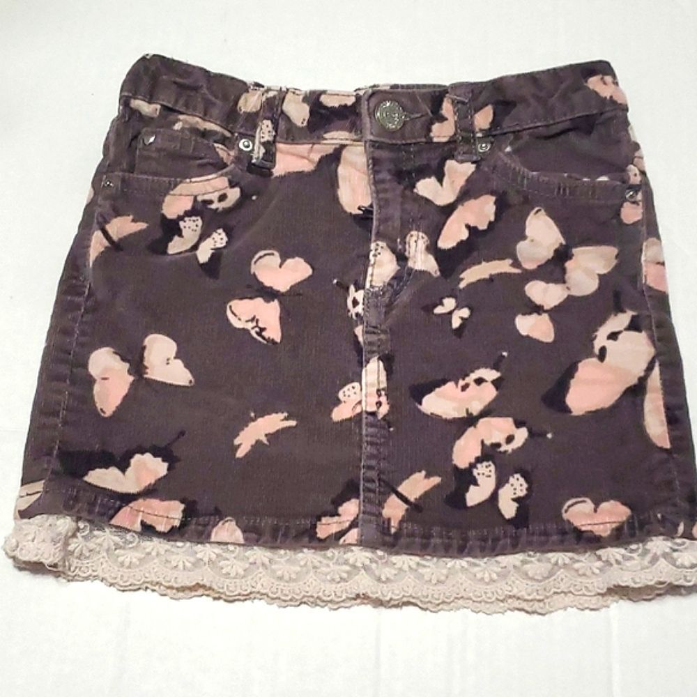 H&M Brown & Pink Butterflies Corduroy Laced Hem Girls 5/6 Mini Skirt